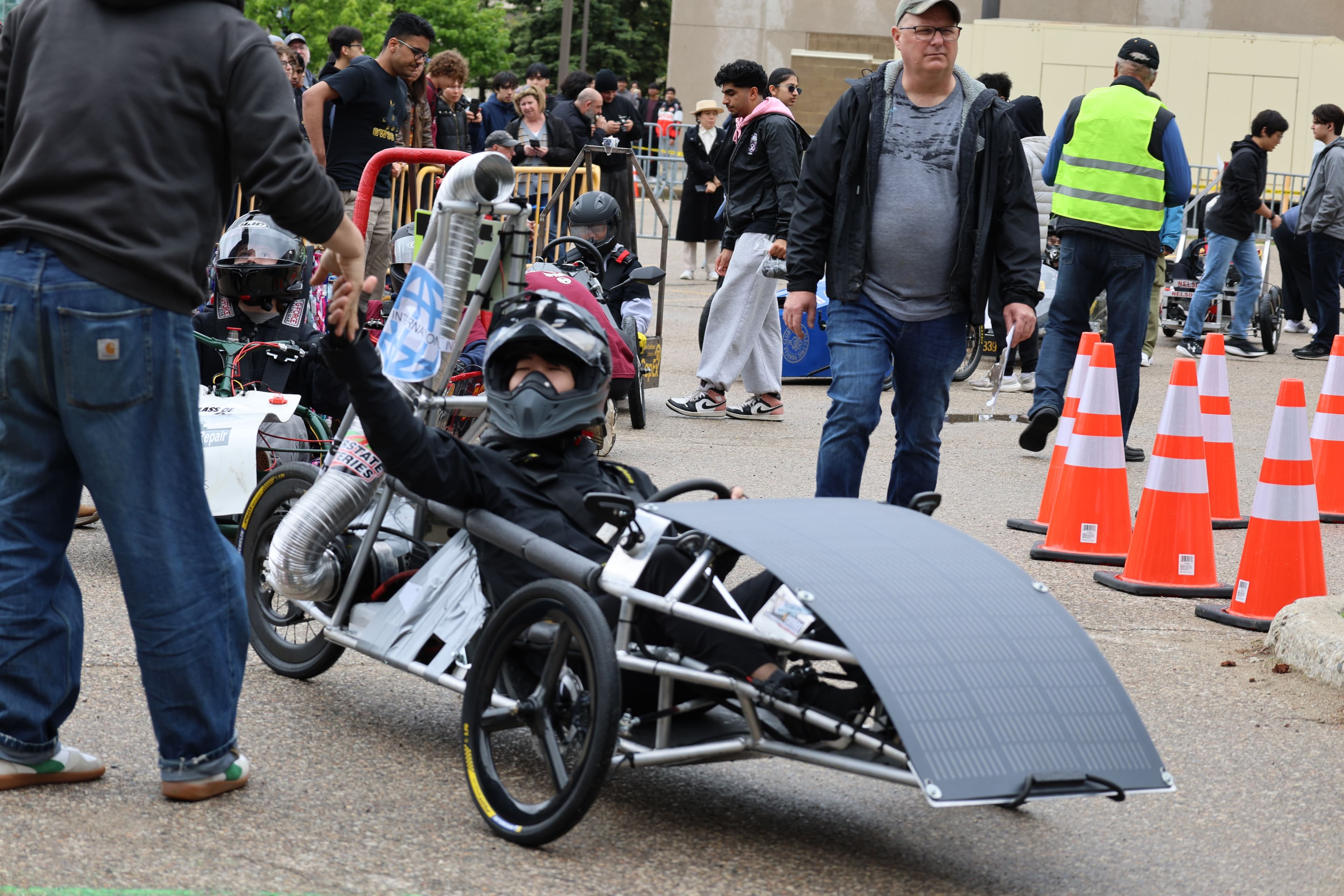 Ithaca EV driver celebrating during the race at Waterloo